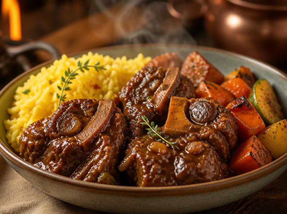 Steaming oxtail with savoury rice and vegetables